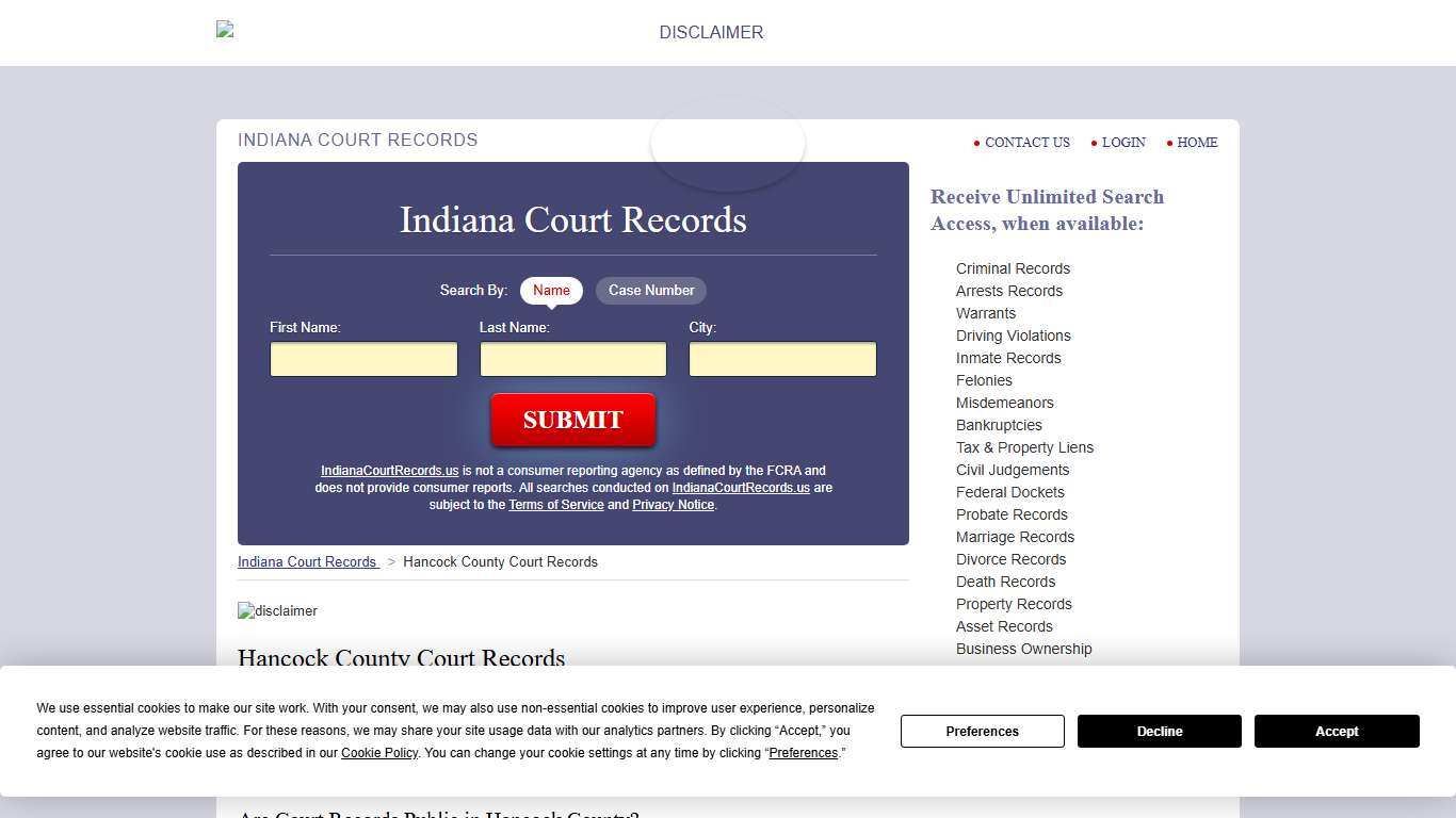 Hancock County Court Records IndianaCourtRecords.us