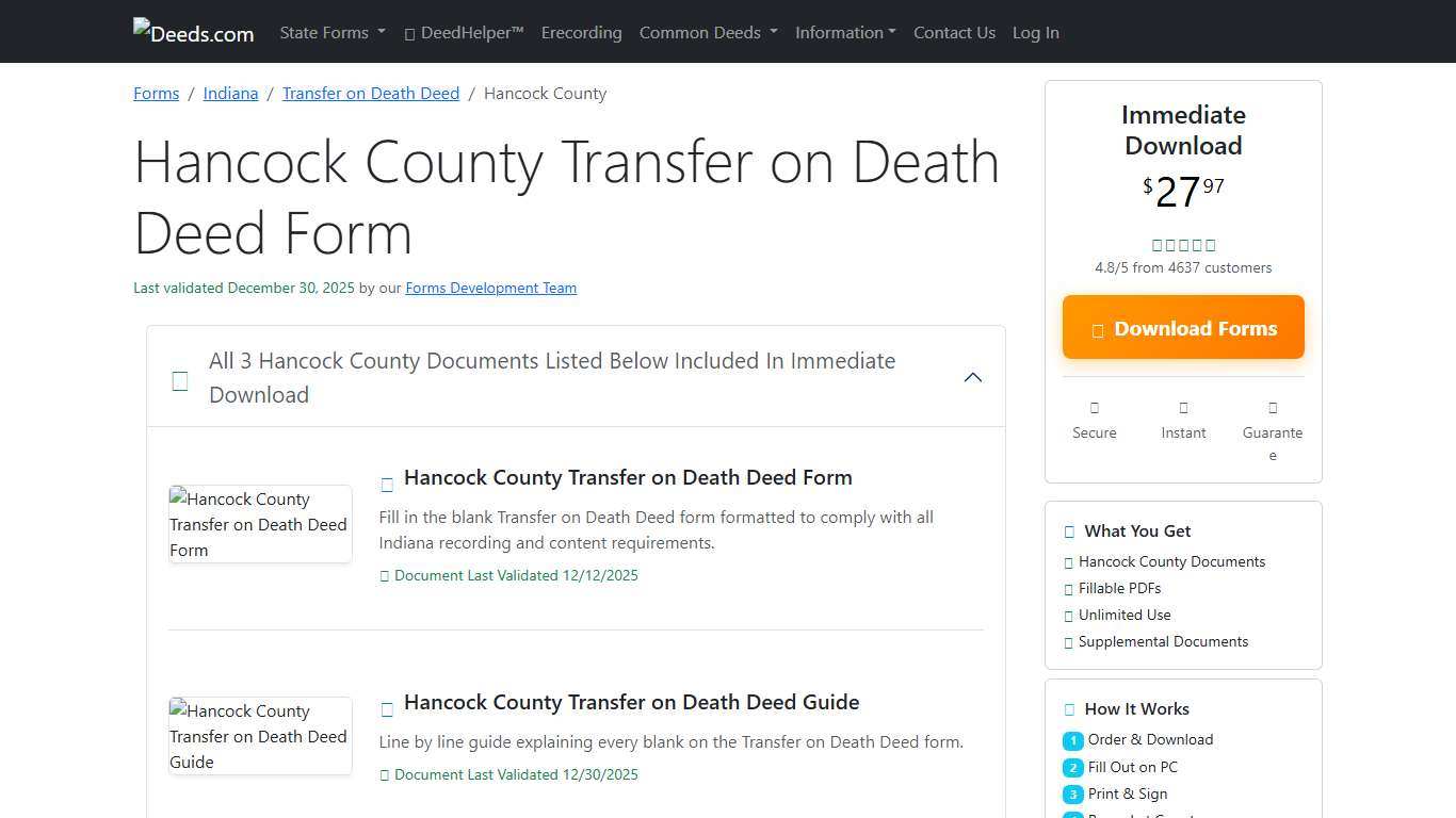 Hancock County Transfer on Death Deed Form Indiana Deeds.com